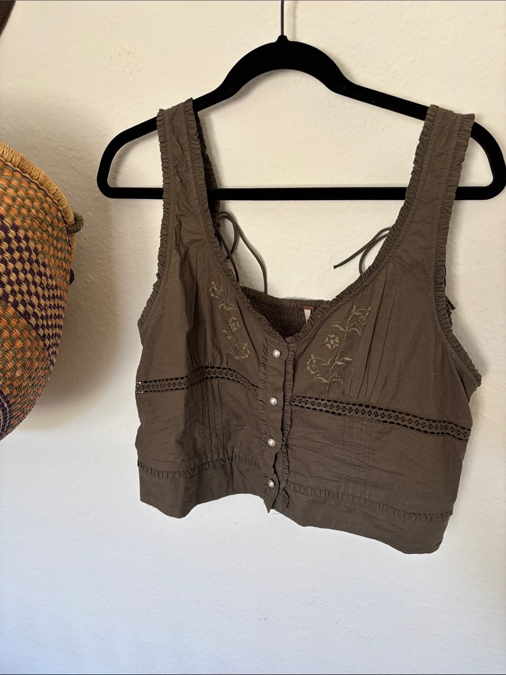 Free People Embroidered Button-Front Tank Top - Brown